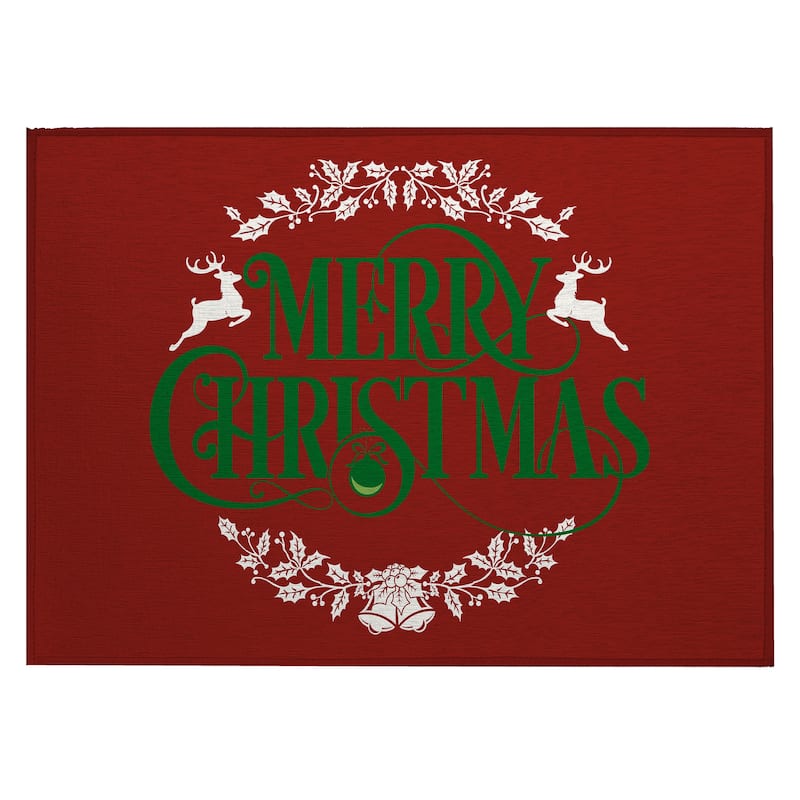 Indoor/ Outdoor Cozy Winter Red Washable Merry Christmas Rug
