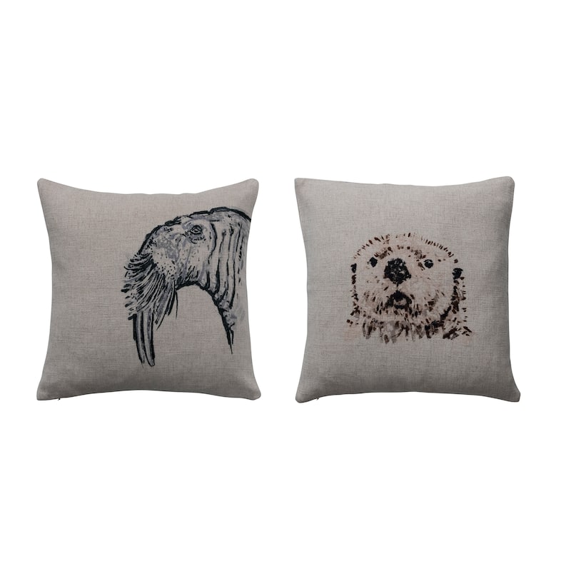 18" Linen Pillow with Animal Design Embroidery - Pillow Sets - 18.0"L x 18.0"W x 0.3"H - Polyester - Cream - Set of 2
