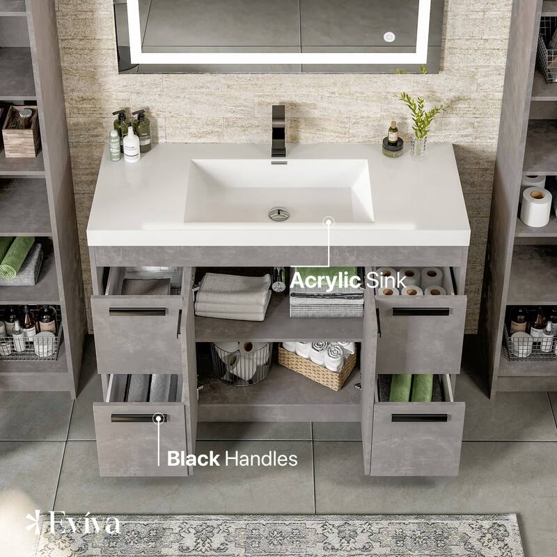Eviva Lugano 48"W x 20"D Cement Grey Bathroom Vanity with White Acrylic Countertop and Integrated Sink
