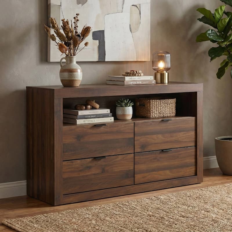 Davenly Walnut 4-Drawer 57.5 in. Dresser