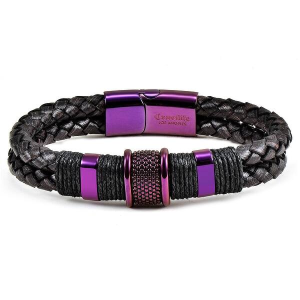 slide 1 of 5, Color Plated Stainless Steel Distressed Black Leather Bracelet - 8.5"