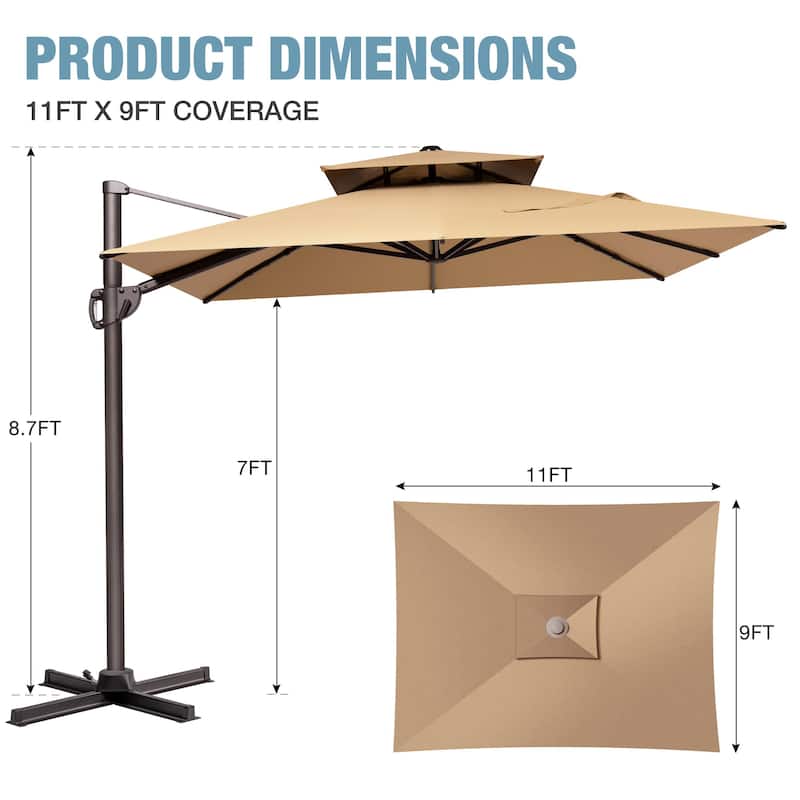 VredHom 9X11FT Outdoor Dual Wind Vent Offset Cantilever Patio Umbrella