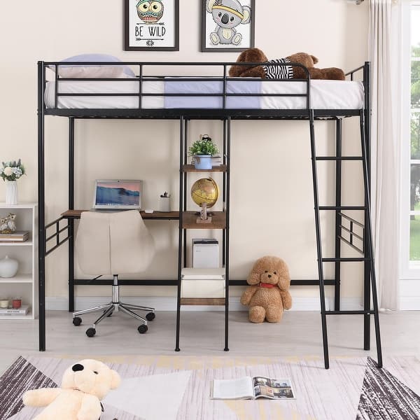 slide 2 of 14, Twin Size Metal Loft Bed And Built-In Desk And Shelves Black