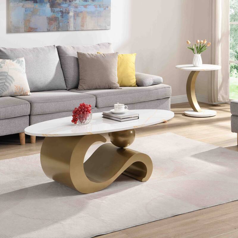 Nesting Coffee Table Set of 2, Round & Oval End Tables with faux marble Tabletop, Side Table