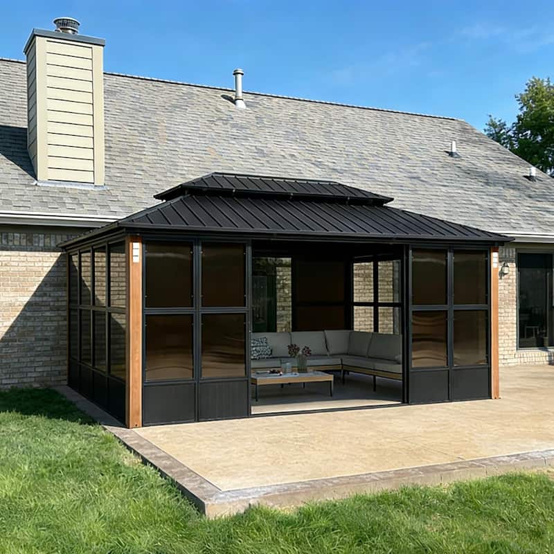 PURPLE LEAF Double Top Outdoor Sunroom All-Weather Screen House Patio Hardtop Gazebo