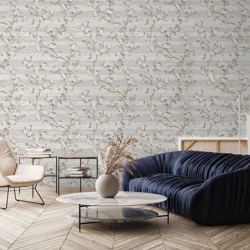 Flocked Botanical Blossom Pattern Stylish Floral Wallpaper - White