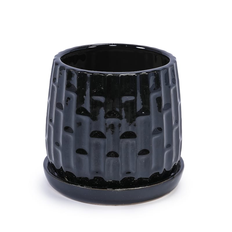 Set of 2 Handmade Ceramic Planters, Includes Saucers, Vertical Ribbed