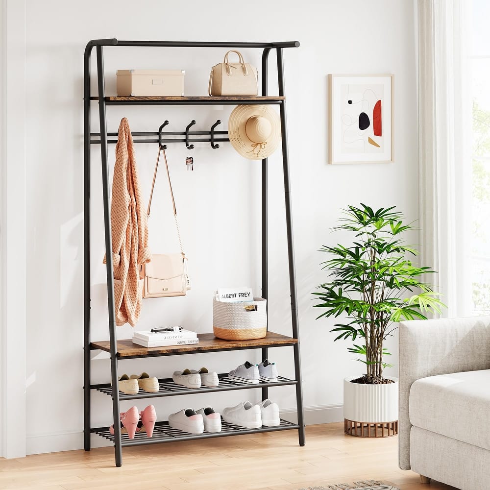 Rustic 4-in-1 Hall Tree Bench with Shoe Rack, Storage Shelf, and 5 C-Shaped Hooks in Brown & Black - 31.5*12.8*71.2in
