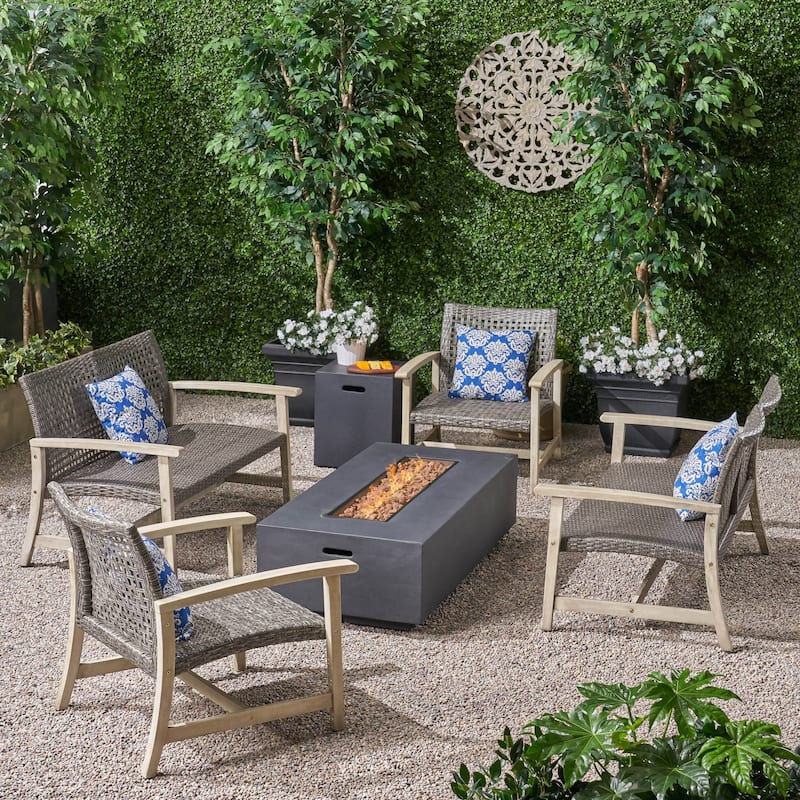 Augusta Outdoor Acacia Wood and Wicker 6 Seater Chat Set with Fire Pit by Christopher Knight Home