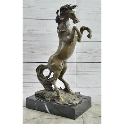 Rearing Imitative Horse Bronze Metal Statue Sculpture Figure On Marble Base