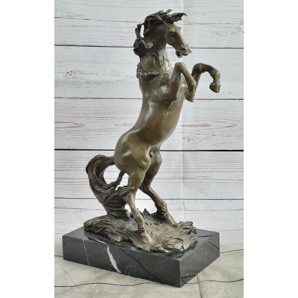 Rearing Imitative Horse Bronze Metal Statue Sculpture Figure On Marble Base
