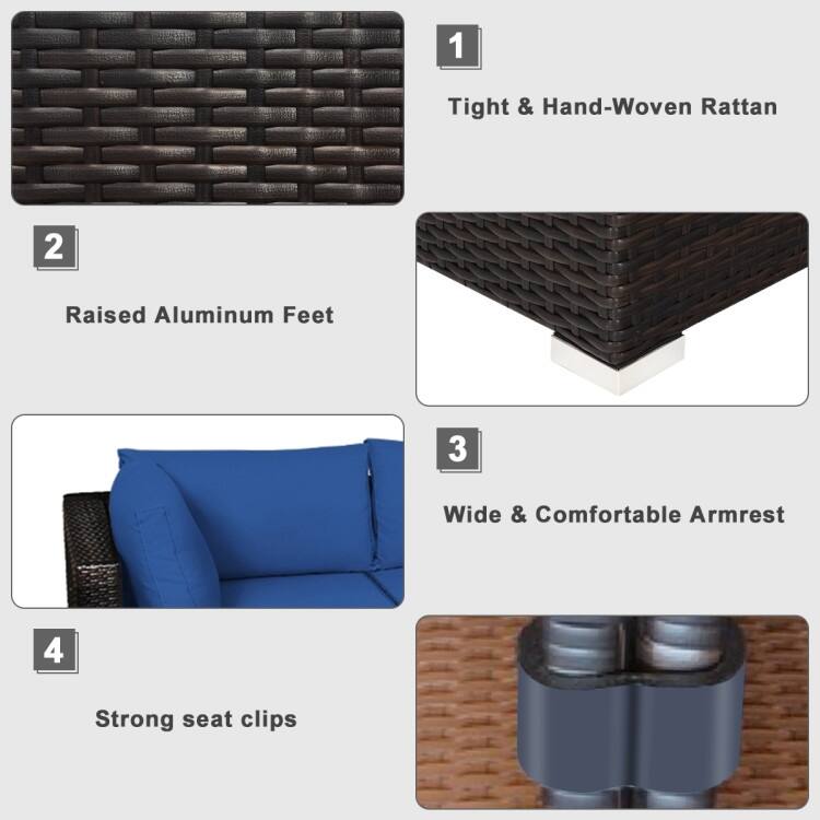 6 Pieces Outdoor Patio Rattan Furniture Set Sofa Ottoman with Coffee Table - 30'' x 30'' x 26''(L x W x H)