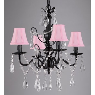 Wrought Iron and Crystal 4 Light Black Chandelier H 14" X W 15" Pendant Fixture Lighting Hardwire and Plug In with Shades - Chandeliers For Bedrooms by Overstock.com