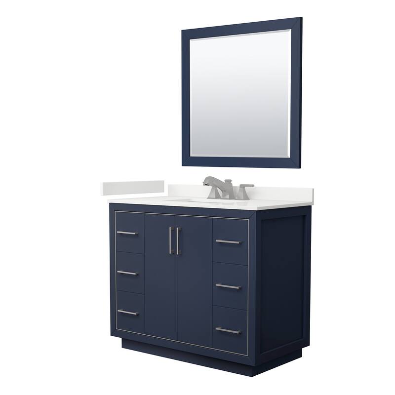 Wyndham Collection WCF111142S-QTZ-US3M34 Icon 42" Free Standing Single - Dark Blue / White Quartz Top / Brushed Nickel