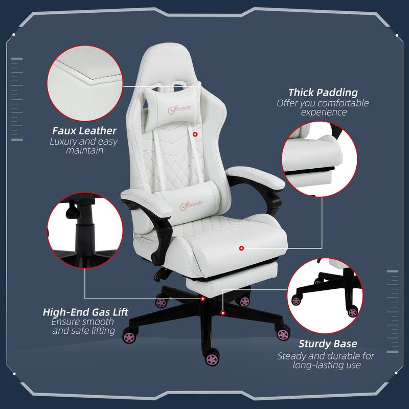 Vinsetto High Back Racing Gaming Chair with Swivel Wheel, PU Leather Recliner Gamer Desk Home Office Chair, White/Pink
