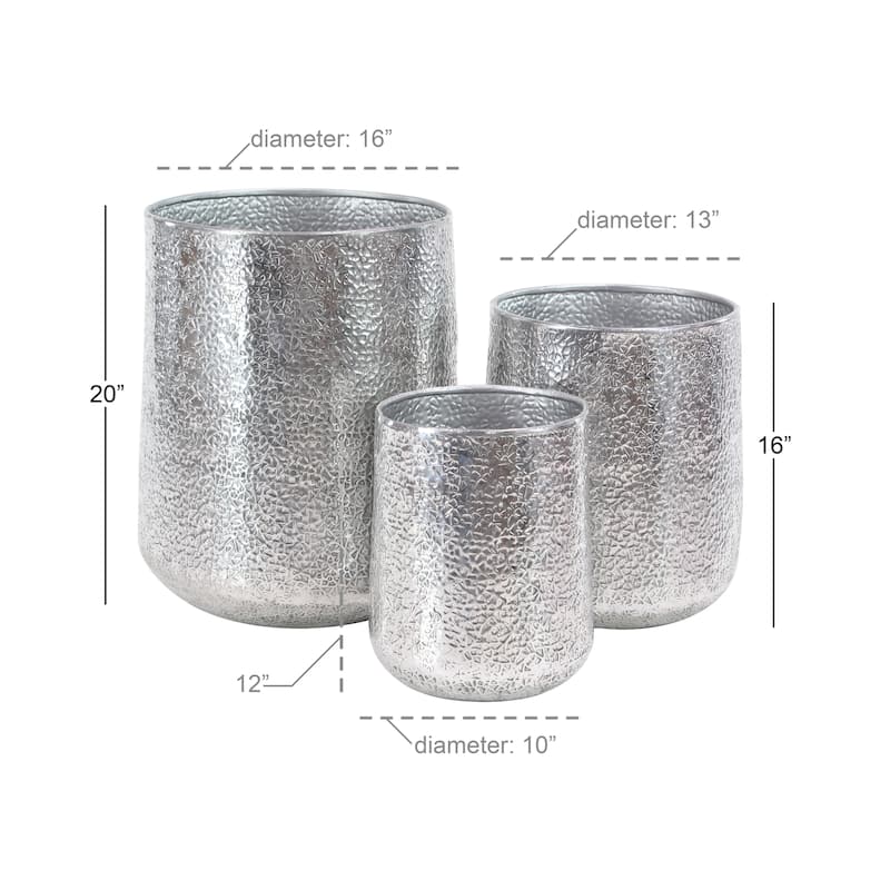 Silver Aluminum Metal Indoor Outdoor Planter with Hammered Design (Set of 3)