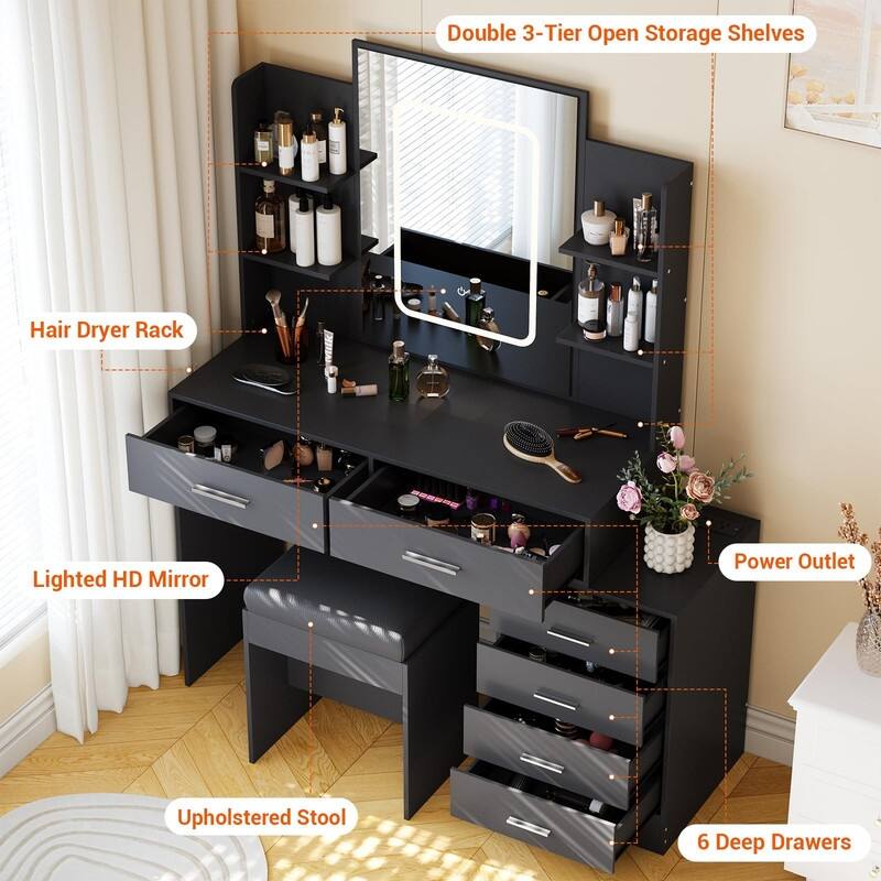 Makeup Vanity with Mirror, 6 Drawers, Shelves, Charging Ports, Hairdryer Holder, Stool