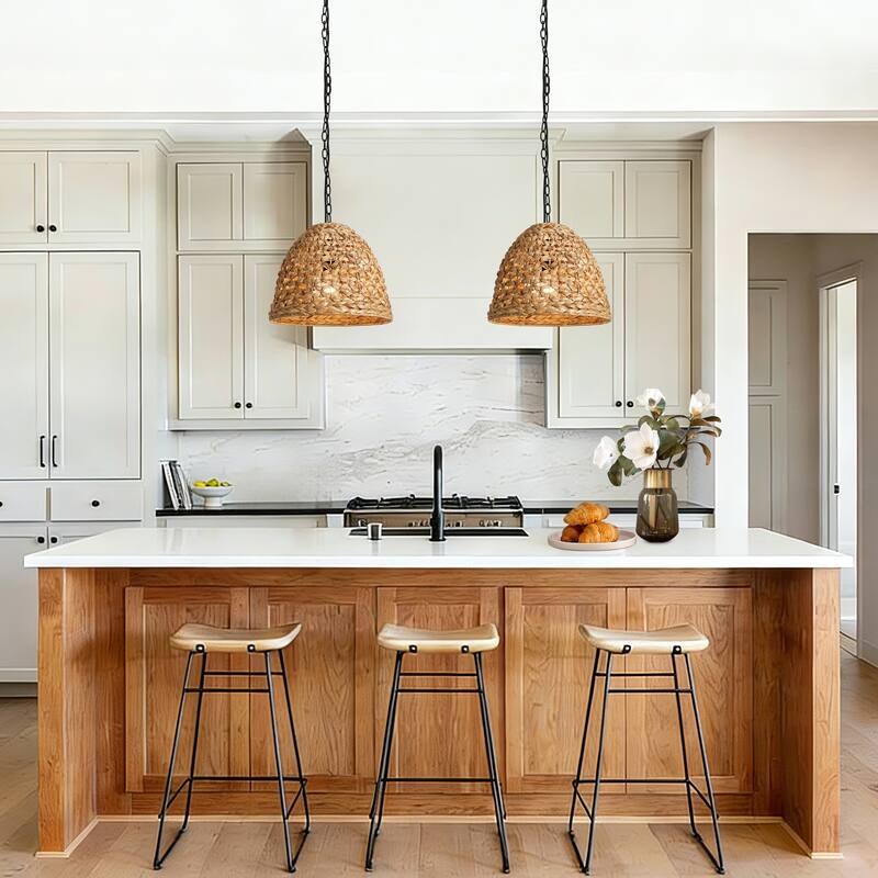 Ravy 1-Light Rattan Dome Pendant Light Handwoven Kitchen Island Lights - D 15" x H 12.2"