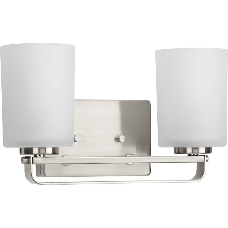 League Collection Two-Light Brushed Nickel and Etched Glass Modern Farmhouse Bath Vanity Light - 13.62 in x 5.5 in x 7.62 in