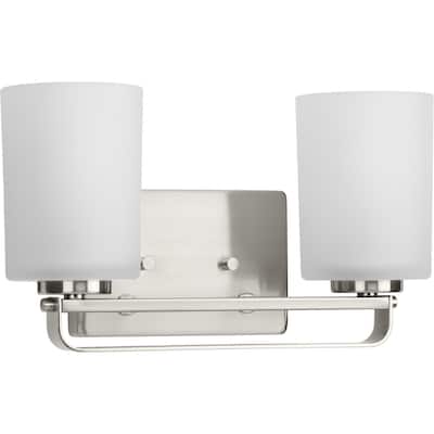 League Collection Two-Light Brushed Nickel and Etched Glass Modern Farmhouse Bath Vanity Light - 13.62 in x 5.5 in x 7.62 in