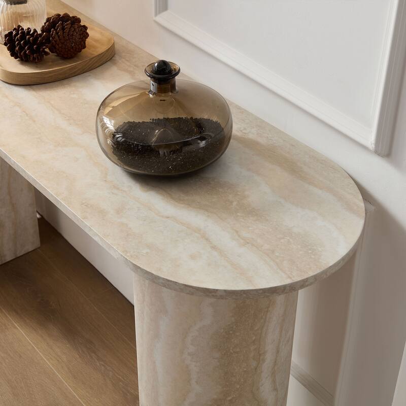55.12 Inch Living Room Narrow Console Table, Modern Faux Marble Pattern Entryway Sofa Table with Oval Top