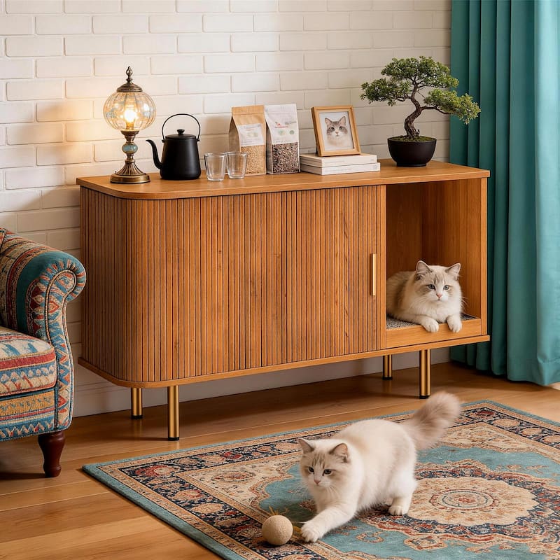 38.5" Cat Litter Box Enclosure with Scratch Pad and Sliding Door,Cat Hidden Litter Box Cabinet,Modern Indoor Cat House,TV Stand