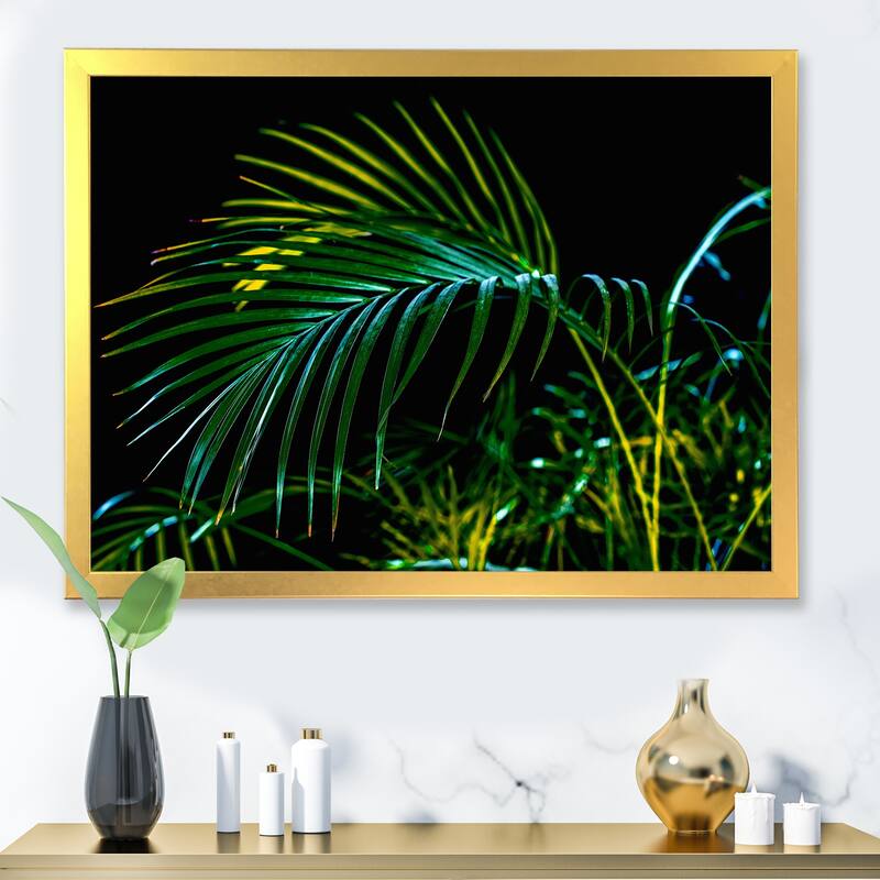 Designart "Abstract Tropical Green Palm Leaves" Tropical Framed Art Print - 20 In. Wide x 12 In. High - Gold