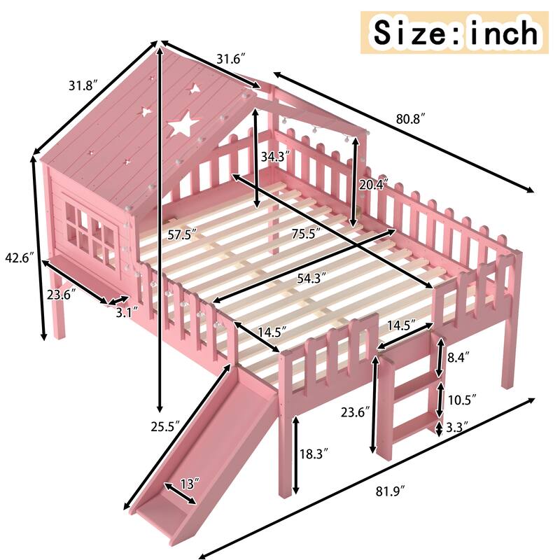 Full Size House Loft Bed with Slide,Playhouse Bed with Star Moon-shaped Designs and Window, Chic Design with LED Lights