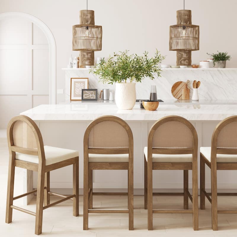Bailey Boucle Upholstered Rattan Bar Stool or Counter Height Stool with Natural Rattan Woven Back For Kitchen Island - Set of 4 - Cream/Light Brown - Counter Height