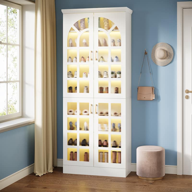 9-Tier Tall Shoe Storage Cabinet with Doors, Led Lights and Adjustable Shelves for Entryway, White - 1-Piece