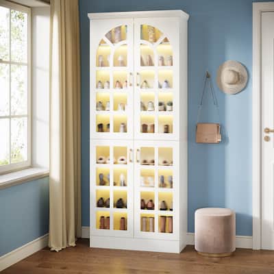9-Tier Tall Shoe Storage Cabinet with Doors, Led Lights and Adjustable Shelves for Entryway, White