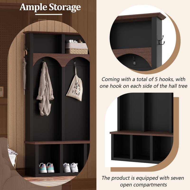 Farmhouse Hall Tree with Storage Bench & Shoe Cabinet, Arched Entryway Organizer with 5 Hooks and 7 Cubbies, Walnut Finish