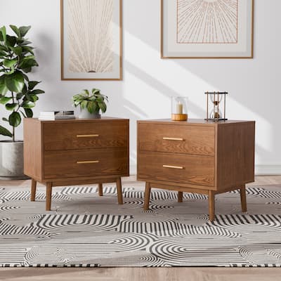 Furniture of America Beau Midcentury Walnut Solid Wood 2-drawer Nightstand (Set of 2)