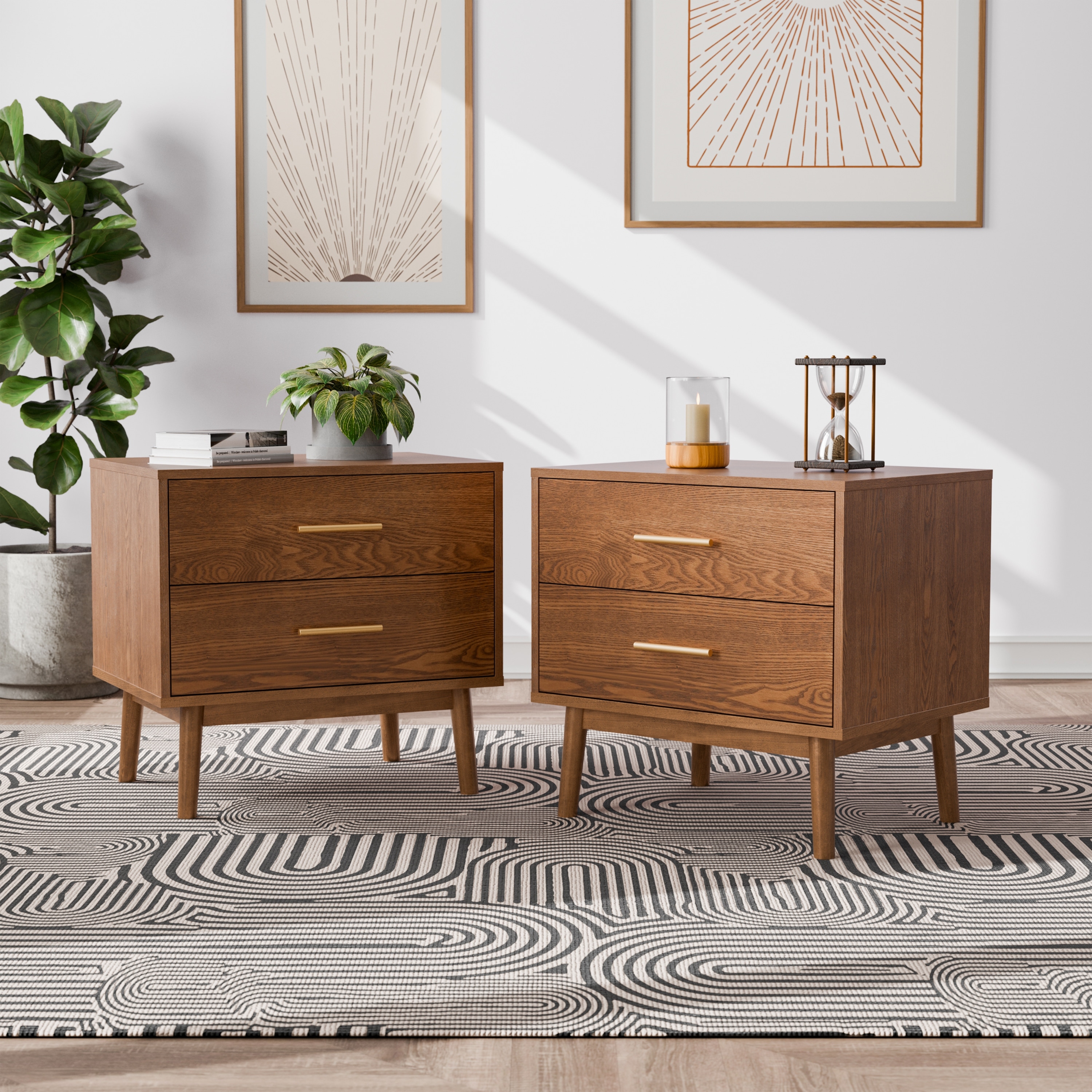 Furniture of America Beau Midcentury Walnut Solid Wood 2-drawer Nightstand (Set of 2)