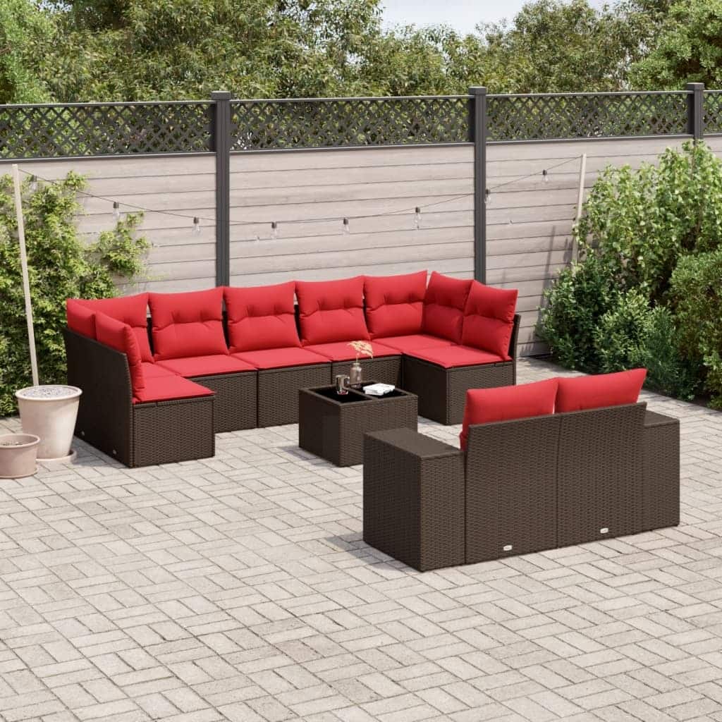 vidaXL 9/10 Piece Patio Sofa Set with Cushions Black/Brown/Gray Poly Rattan - 24.4 x 24.4 x 27.2