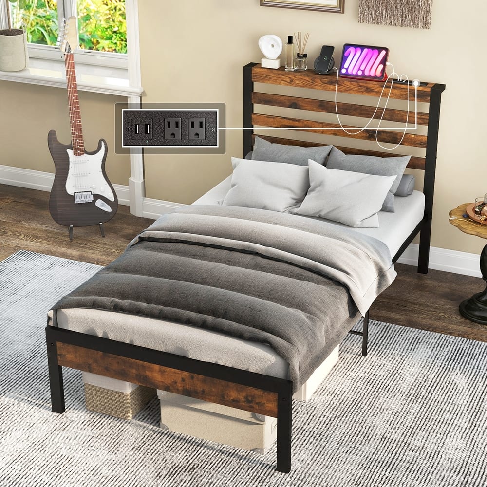Costway Full Industrial Metal Platform Bed Frame Charging Station