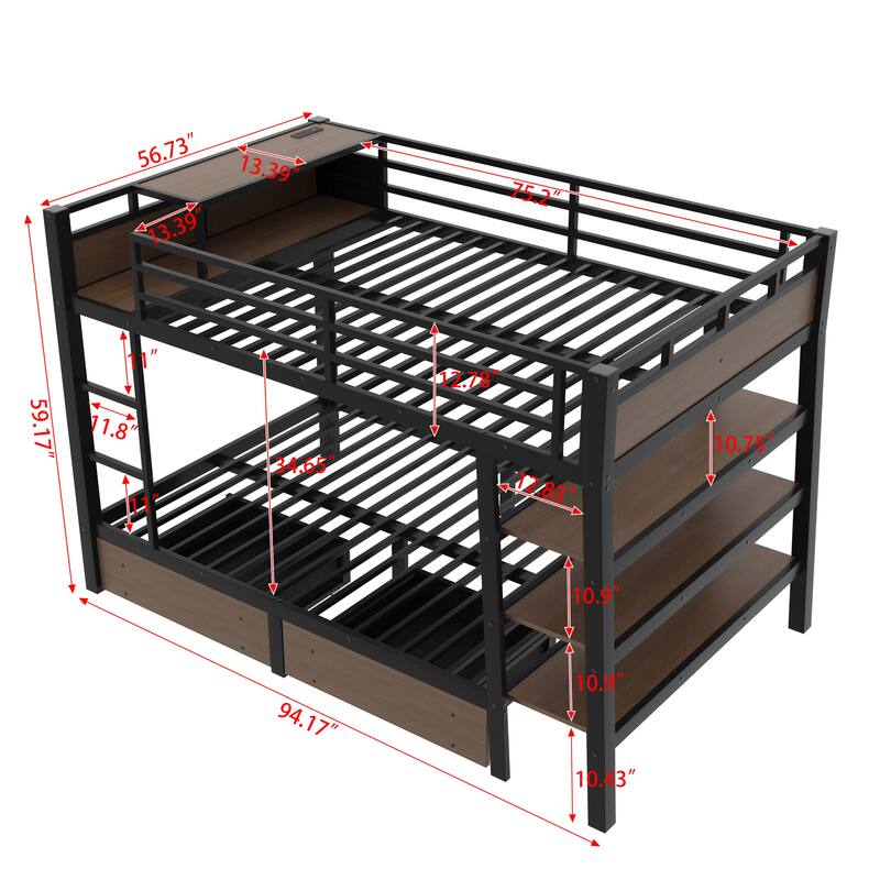 Metal Bunk Bed with Open Storage Shelves, Underbed Drawers and Built-in Desk with Charging Station for Guest Rooms or Dorms