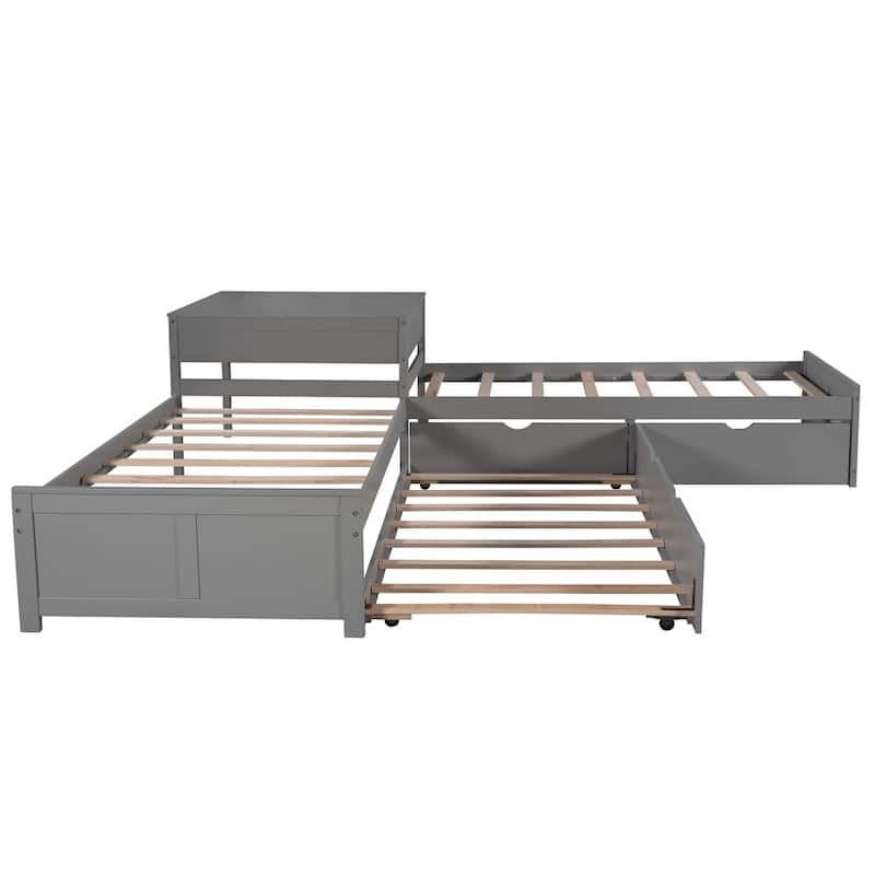 L-shaped Platform Bed with Trundle and Drawers Linked with built-in Desk