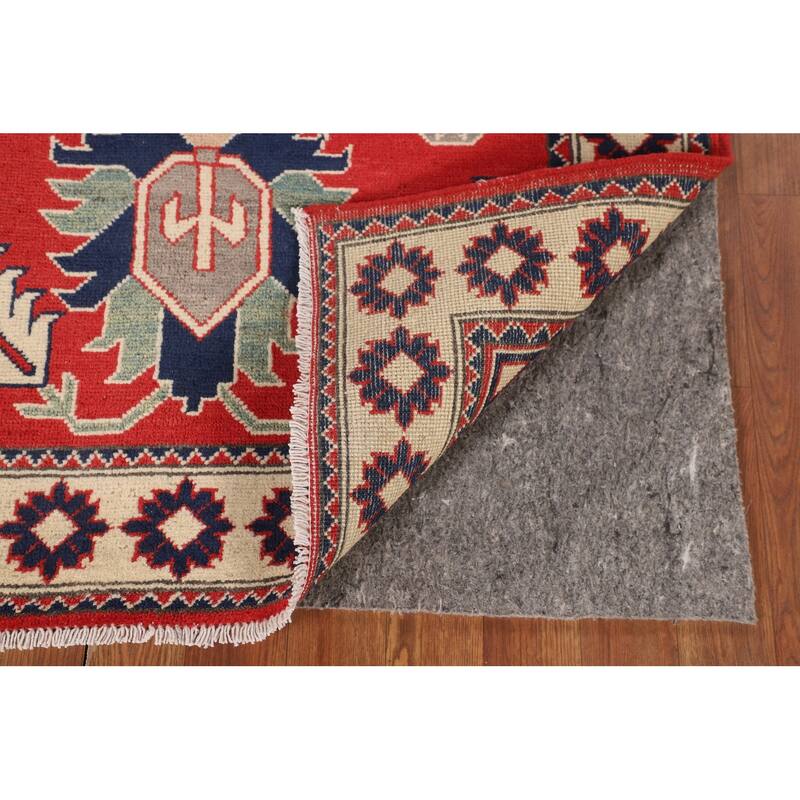 Geometric Red Kazak Oriental Accent Rug Hand-Knotted Wool Carpet - 3'5" x 4'11"
