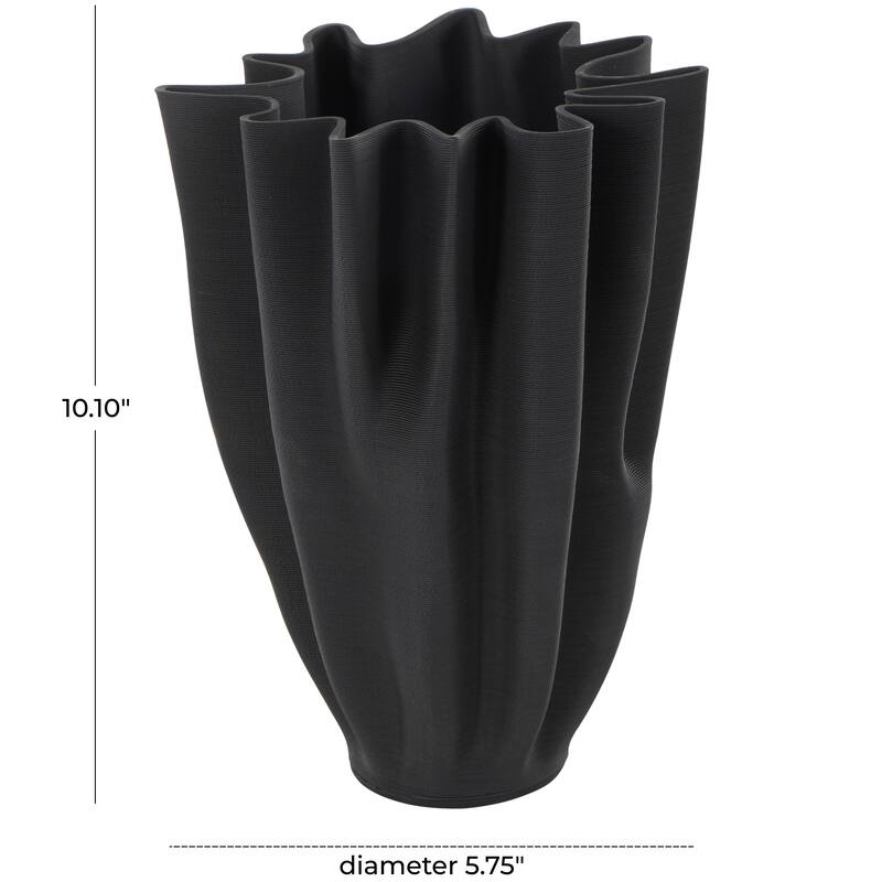 Black Ceramic Dimensional Ribbed Tulip Abstract Vase with Angular Rim