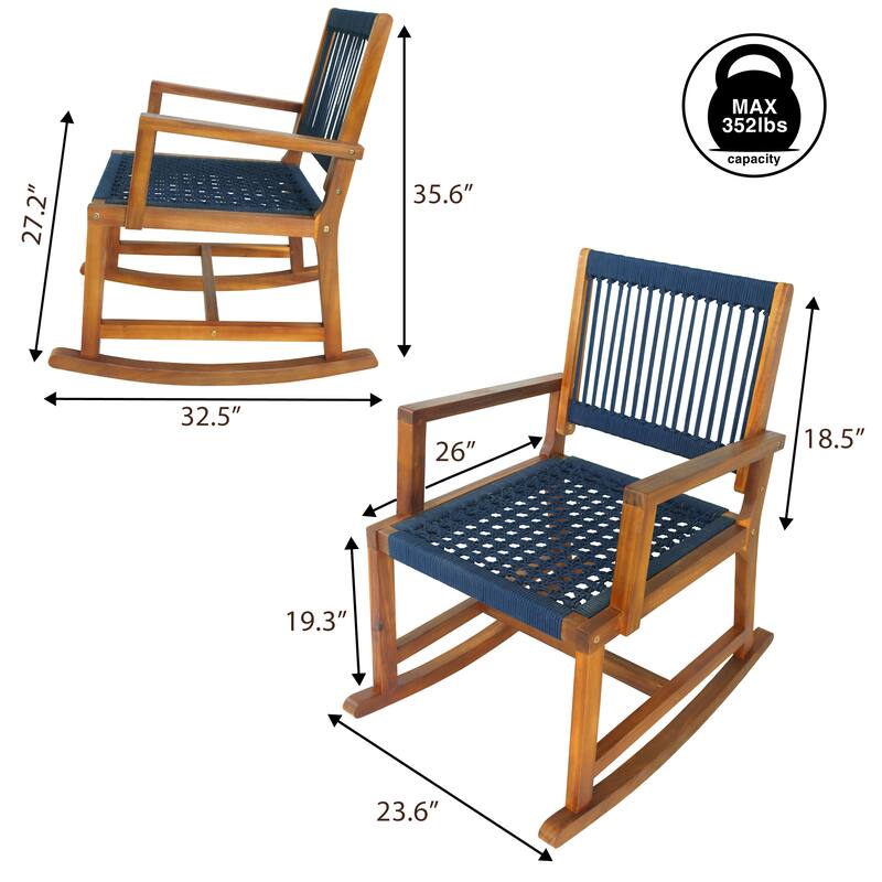 JONATHAN Y Laguna Coastal Casual 352-LBS Support Acacia Wood and Woven Rope Outdoor Rocking Chair