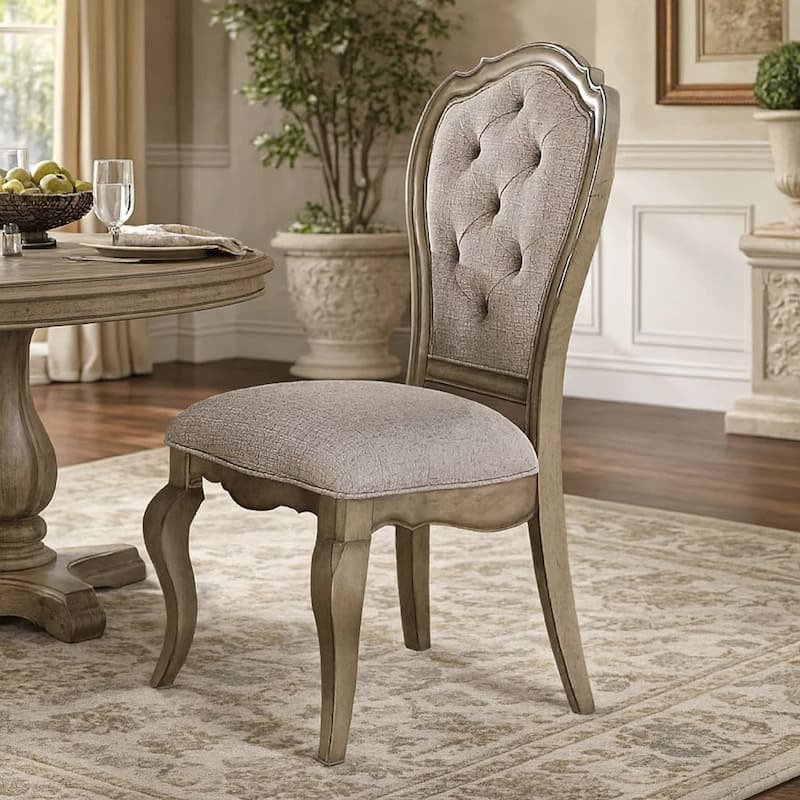 Fabric Upholstered Side Chair with Button Tufting Back, Beige and Gray, Set of Two