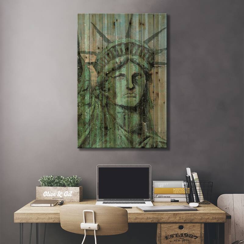 Statue Of Liberty Portrait Print On Wood by Marie Elaine Cusson - Multi-Color