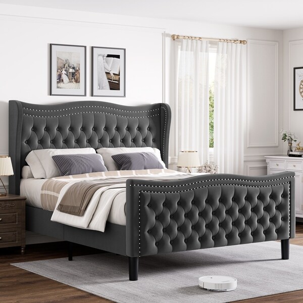 Gray King Size Velvet Platform Bed with Upholstered Headboard Bed Bath Beyond 41765396