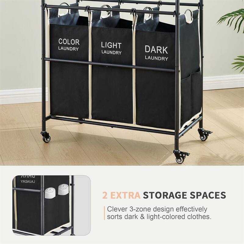 Laundry Sorter Cart with Hanging Rack - 28.54"L x 17.7"W x 70.86"H