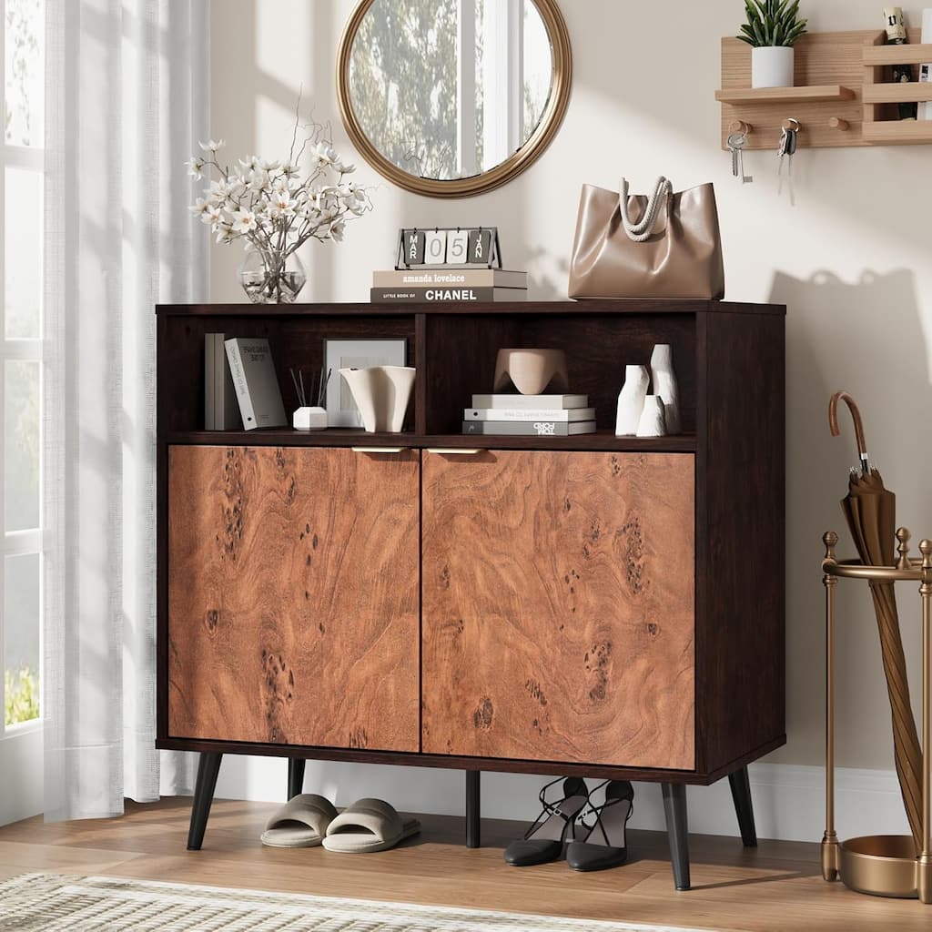 Sideboard Buffet Cabinet with Storage, Wooden Cabinet with 2 Open Shelves, Burl Texture, Coffee Bar for Dining Room