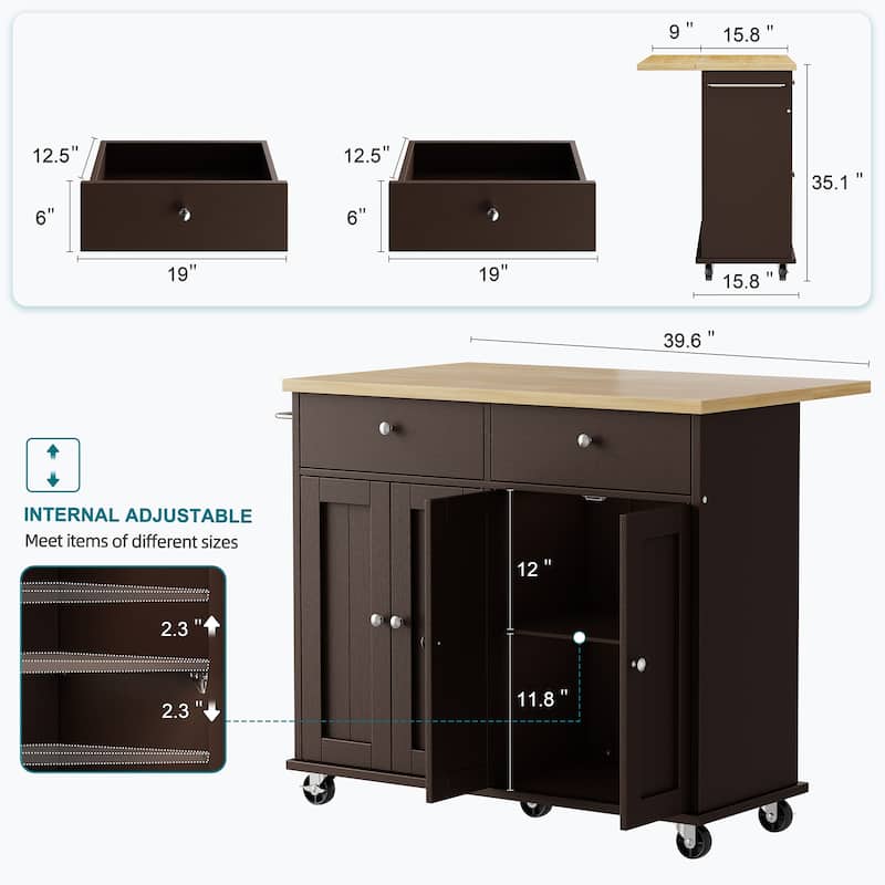 Kitchen Storage Island with 2 Drawers & Extendable Countertop - Rolling Storage Cart with Towel Rail, Lockable Wheels