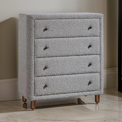 Lyno 38 Inch Tall Dresser Chest, 4 Drawers, Gray Boucle Upholstery, Brown