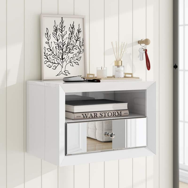 1 Drawer Floating Nightstand with Open Shelf, Wall Mounted Nightstand - Silver