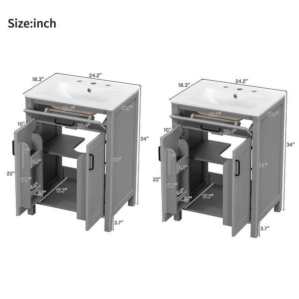 dimension image slide 5 of 8, GDFStudio - Nova Bathroom Vanity Cabinet with Single Ceramic Sink, Soft-close Doors & Adjustable shelf